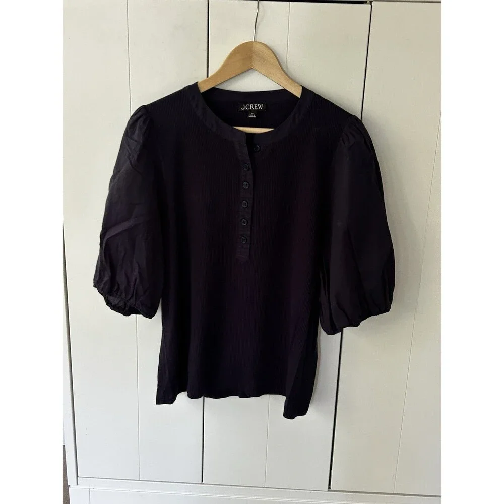 J.Crew Vintage Rib Puff Sleeve Henley Top Size 2x Navy Blue Shirt Classic